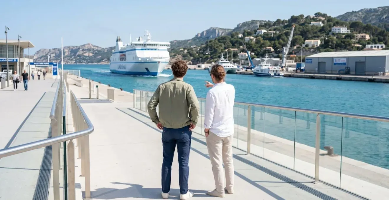 Deux personnes vues de dos regardent un ferry blanc partir depuis le quai d'un port méditerranéen sous un ciel bleu matinal