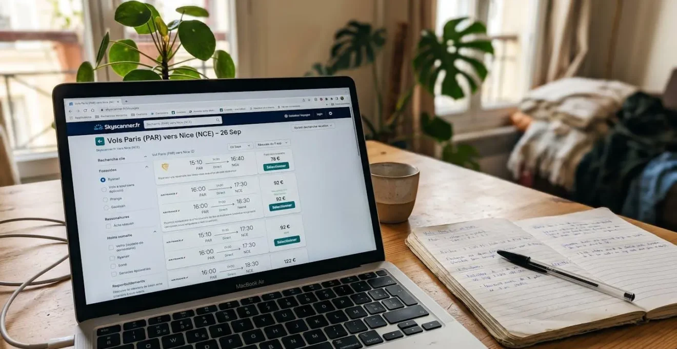 Écran d'ordinateur portable affichant un comparateur de vols méditerranéens sur un bureau lumineux avec carnet et stylo