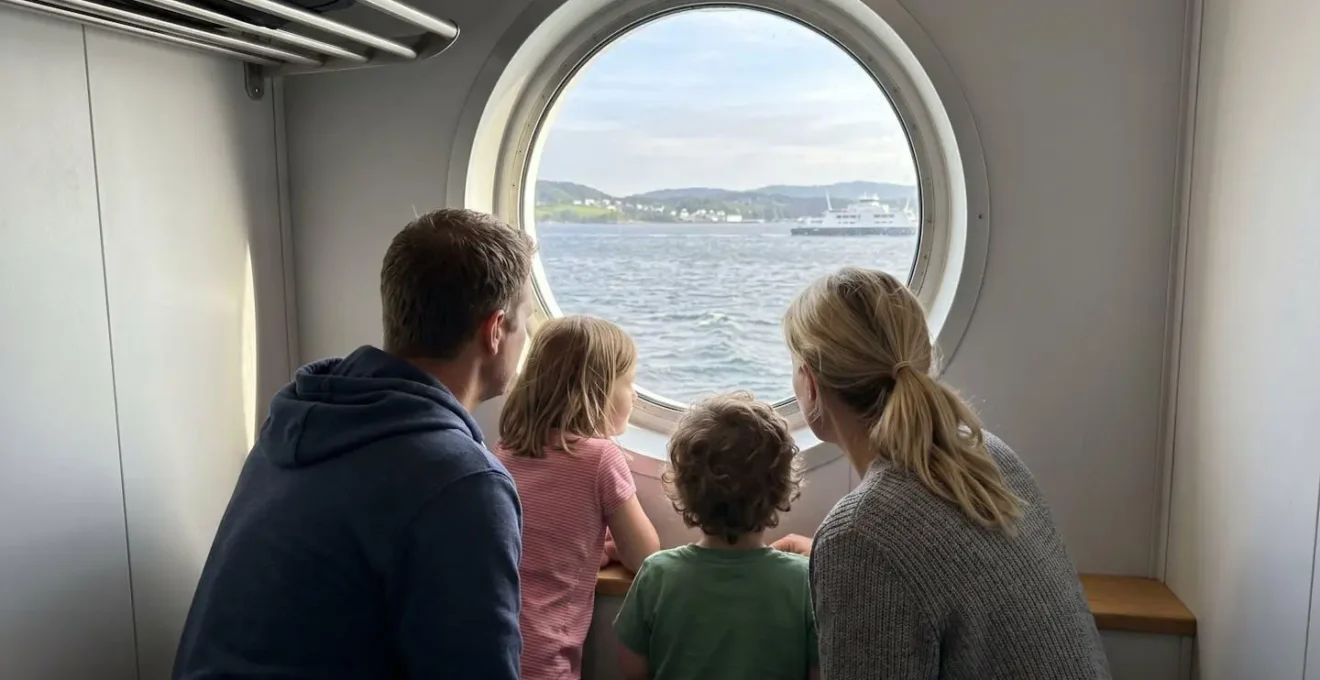 Famille de dos regardant par le hublot d'une cabine de ferry moderne avec lumière naturelle maritime douce