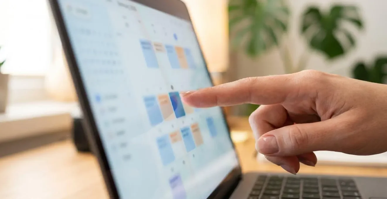 Une main vue de profil clique sur un calendrier de réservation affiché sur un écran d'ordinateur portable complètement flouté