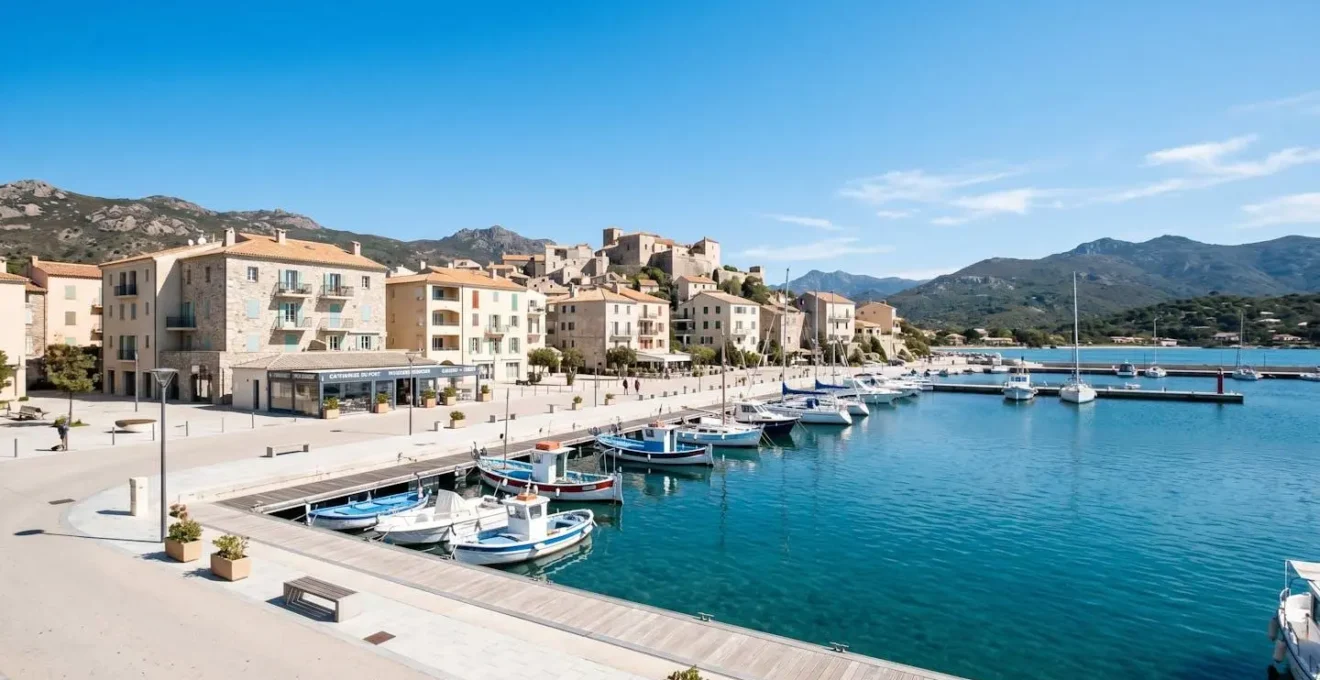 Vue large d'un port corse avec quelques bateaux amarrés sous un ciel bleu lumineux et l'architecture méditerranéenne typique en arrière-plan