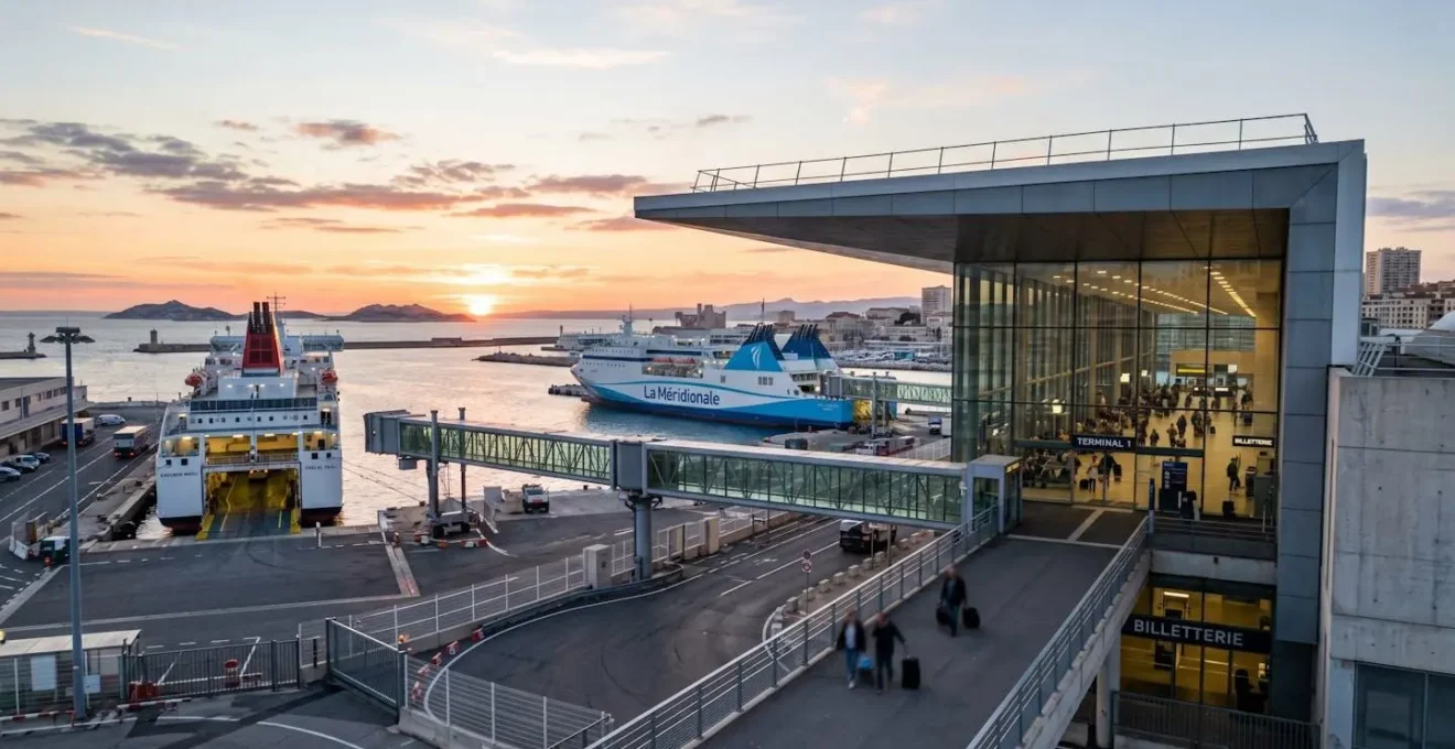 Vue grand angle d'un terminal ferry moderne en Méditerranée au lever du soleil avec passerelles d'embarquement illuminées